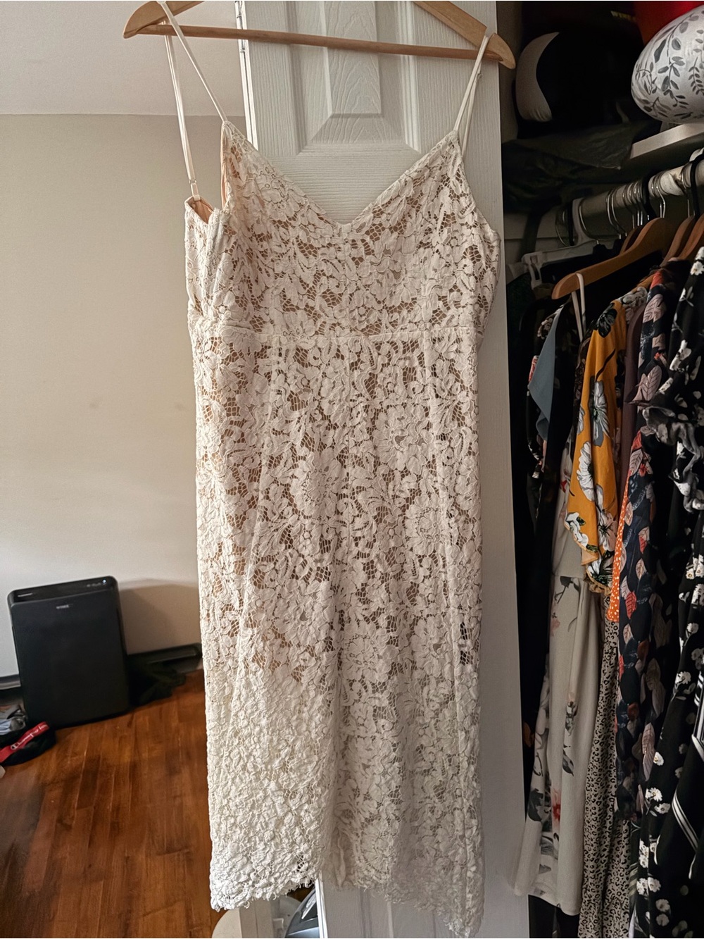 Lulu's Cream Lace Midi Slip Dress with Spaghetti Straps